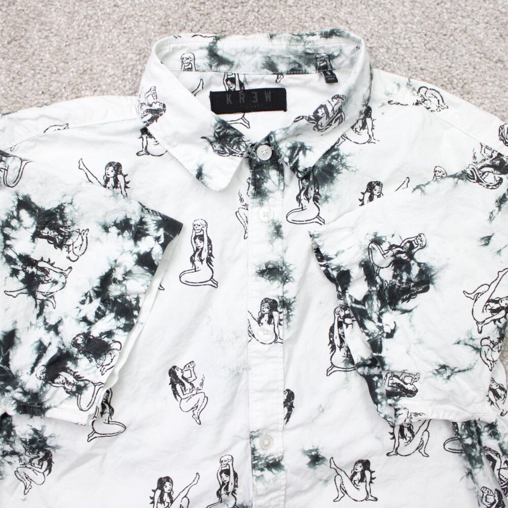 Krew AOP Shirt Mens Small White/Black Womens All Over Print Cotton S/S Button‎